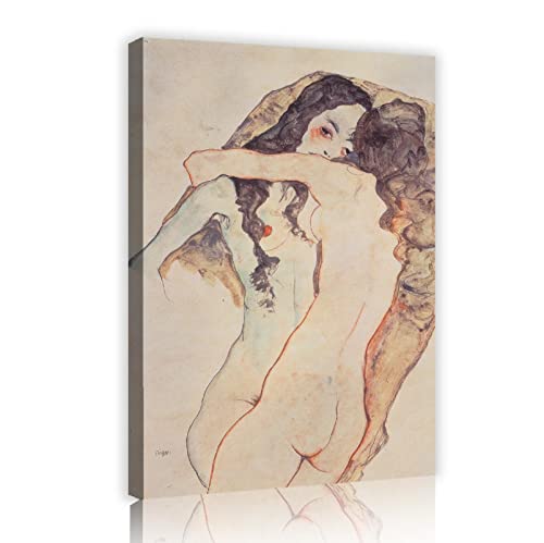 Impression sur toile Egon Schiele Deux femmes embrassant cadre intérieur 55x85cm