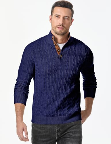 Image of JMIERR Men's Cable Knit Pullover Sweater Casual Long Sleeve Stand Collar Button Knitted Sweaters