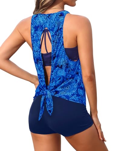 Image of 3 Piece Swimsuits Open Tie Back Tankini Top And Athletic Swim Shorts | Supportive Strappy Swim Bra, Adjustable Straps, Removable Pads, Tummy Control Boyshorts, Quick Dry Fabric, XXS-20 Plus