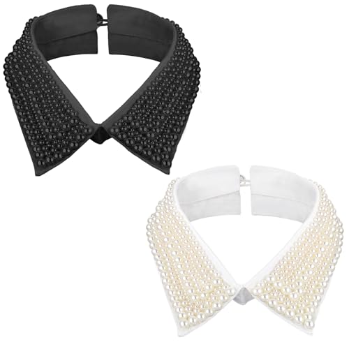 2 Pcs Pearl Fake Collar for Women Detachable Dickey Collar Choker Necklace Faux Collar Simulated Pearl Beaded Bib Clothing Accessory (White, Black)