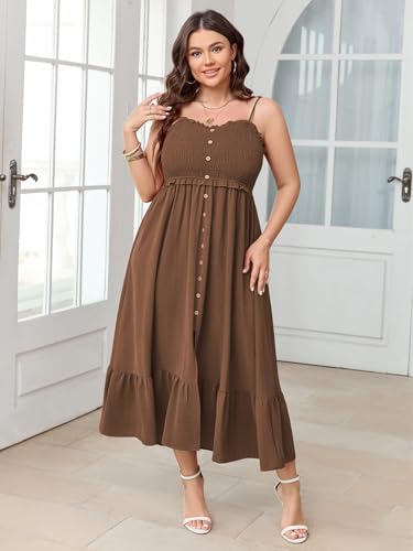 SCOMCHIC Womens Plus Size Summer Dresses Sleeveless Spaghetti Strap Button Down Smocked Beach Long Maxi Dress with Slit3
