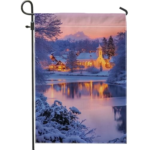Bandera de jardín del país de las maravillas de invierno, banderas decorativas de pueblo nevado azul, arpillera de doble cara, decoración de césped al aire libre, 12 x 18 pulgadas