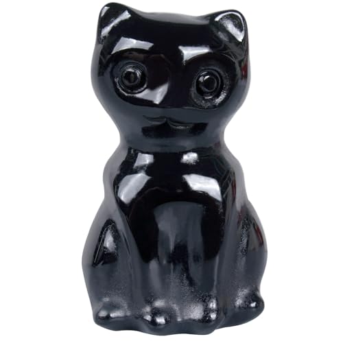 Hguxmcu Natural Black Obsidian Crystal Sitting Cat Figurine - Hand-Carved Lucky Money Wealth Feng Shui Ornament Meditation Decor Healing Stone Gift.