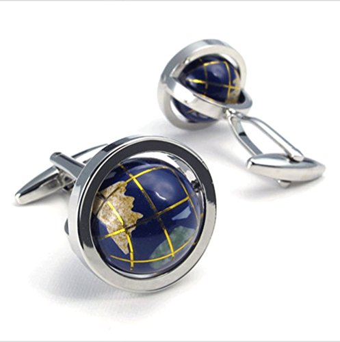 LBFEEL Really Spins Rhodium Plated Blue Globe Earth Cufflinks for Men with a Gift Box2