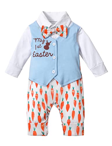 Image of Aulyffo Baby Boy Easter Outfit,My First Easter Baby Boy Outfit Long Sleeve Bunny Romper Radish One Piece Jumpsuit