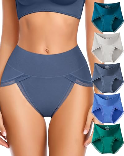 UMMISS High Waisted Cotton Underwear for Women Tummy Control Panties Full Coverage Ladies Briefs 5 Pack L