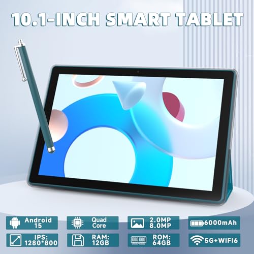 Image of 2 in 1 Android Table 10 Inch with Tablet Case and Stylus Pen Android 15 Tablet 5G WiFi-6 1280 x 800 Full HD IPS Display 6000mAh 64GB ROM + 12GB RAM (4+8 Virtal) 1024GB