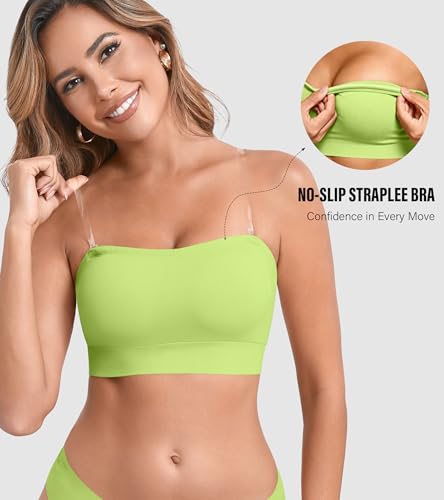 Image of DEANGELMON Strapless Bras for Women Wireless Push Up Non-Slip Bandeau Bra Seamless Clear Straps TubeTop Padded Bralette