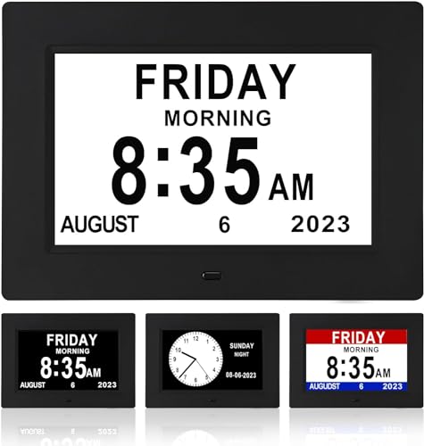Gsituk 7” Dementia Clock with Day and Date for Elderly, 12 Alarms Clock Large Digital Calendar for Alzheimer Patient (Black Not battery powered)