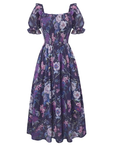 Image of Scarlet Darkness Floral Dress for Women Summer Puff Sleeve Square Neck A Line Flowy Wedding Guest Tea Party Dresses