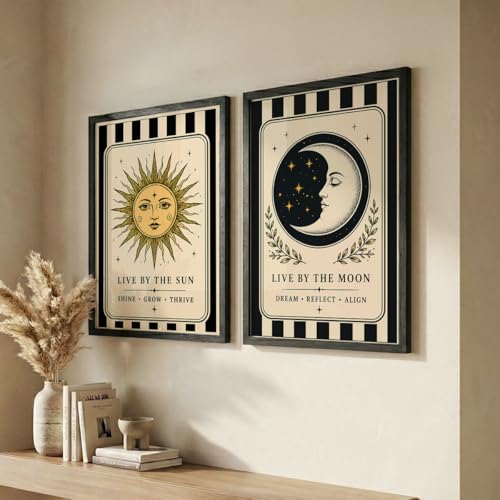 Image of NoWorries Sun & Moon Wall Art Set of 2, Celestial Boho Decor, Vintage Tarot Inspired Prints, Spiritual Wall Decor for Bedroom, Living Room & Meditation Space (Art-16, 13x19inch)