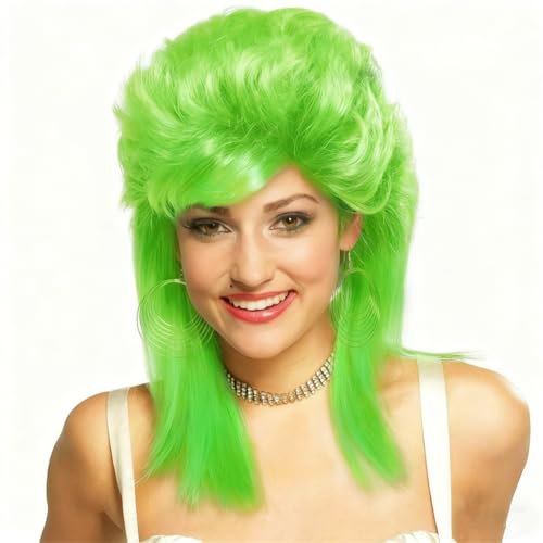 Image of Swiking Lime Green Mullet Wigs for Women 80s Hair Natural Layered Shoulder Length Straight Rocker Cosplay Costume Wigs