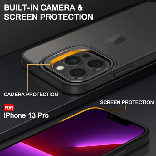 Image of TheGiftKart Hybrid Back Cover Case for iPhone 13 Pro | Built-in Stand | Shockproof Hard Back Case Cover for iPhone 13 Pro (PC & TPU, Frosted Matte Back, Translucent Black Sides)