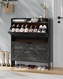 Garvee Zapatero Estrecho con 2 Cajones Abatibles, Organizador Oculto Independiente para Entrada y Sala de Estar, Color Negro, 80×24×102 cm
