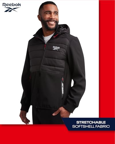 Image of Reebok Men's Softshell Jacket - Lightweight Hooded Weather Resistant Jacket for Men with Nylon Quilted Chest (S-XXL)