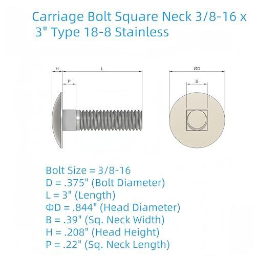Image of 3 /8 inch-16 x 3 18-8 Stainless Steel Carriage Bolts (10 Pieces), Imperial Full Thread, ANSI B18.5 by SANTIE