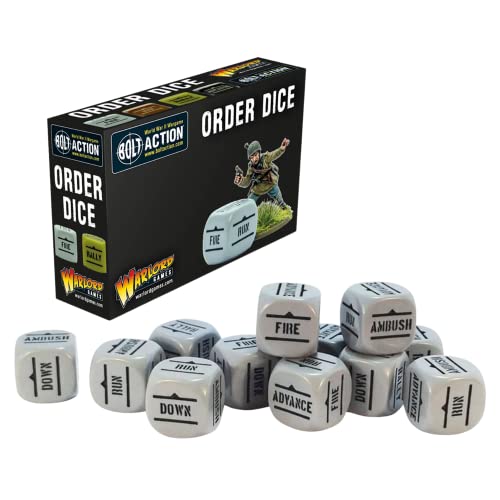 Wargames Delivered – Bolt Action Dice Orders D6 Pack of 12 Grey Dice with Black Inscriptions – Miniature Wargame by Warlord Games