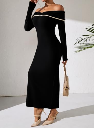 HUUSA Off The Shoulder Dress for Women 2025 Long Sleeve Bodycon Sexy Party Maxi Color Block Dresses2