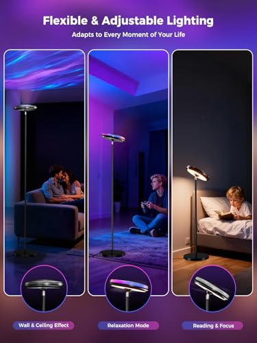 Image of Smart Floor Lamp for Living Room, 3-in-1 RGB+WW Ripple Projector Floor Lamp with RGB+IC Ambient Light and RA90 Reading Light, App & Button Control, Dimmable Modern Corner Floor Lamp, 66.8 Inch