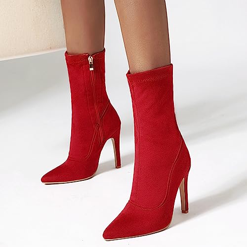 Bottines talons aiguilles stretch et confortables à bout pointu rouge - 2
