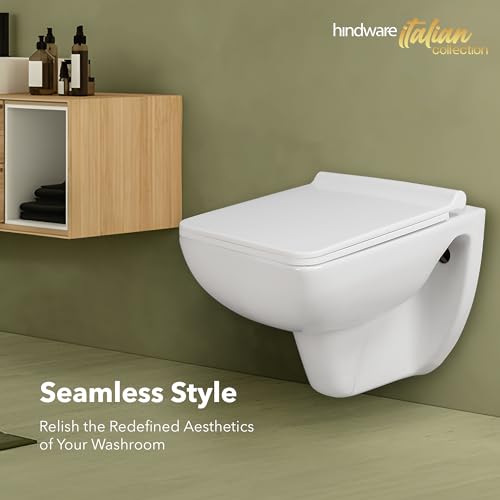 Image of Hindware Italian Collection Enigma Slim Wall Hung Western Commode for Bathroom | Made of Ceramic | P-230 Trap | Star Rated Water Saving | Soft Close | Star White | Geometric Shape | 10-Year Warranty