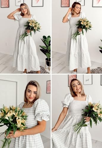 Image of ZESICA Women's 2026 Boho Summer Dresses Gingham Puff Sleeve Square Neck Flowy Beach Midi Dress