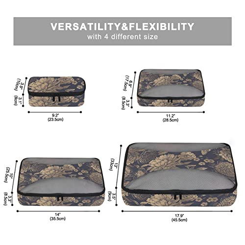Packing Cubes 4 Pcs Set Vintage Brown Flower, Travel Luggage Suitcase Organizer Partial Mesh Design, Trendy Print & Lightweight & Space Saving. #TOP4