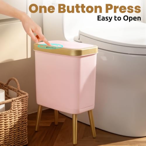 Image of Trash Can with Lid,Pink and Gold Garbage Can Bathroom,4 Gal,Slim