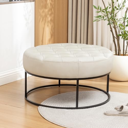 Image of Modern Genuine Leather Round Coffee Table, 30'' Farmhouse Ottoman for Living Room, Large Vintage Genuine Leather Coffee Tables with Upholstered Padded Seat Beige
