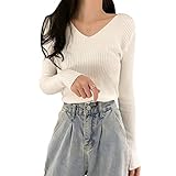 [PALAME] リブニット レディース Vネック セーター ニュートライ浅Vネック・大人め高級魅力・鎖骨美人・重ね着・高伸縮・リブ素材・着回し力・華奢見え・薄手 ニットソー カットソー トップス ニット 長袖 リブ 秋 冬 ストレッチ (アイボリー)