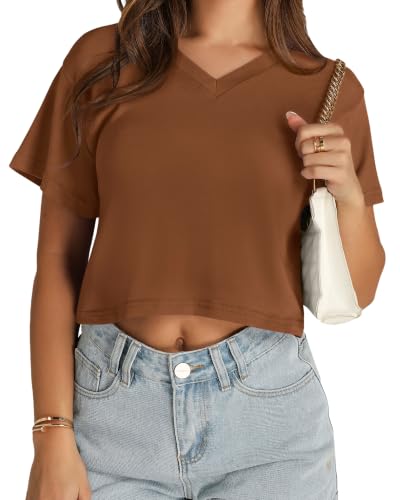 Image of Womens Crop Tops Short Sleeve V Neck Summer Cropped T Shirts Baisc Tees