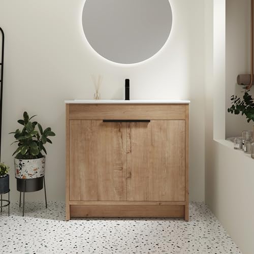 SSLine 36-Inch Bathroom Vanity with Sink Mid-Century Bathroom Vanities with Top Basin Floor Wood Bathroom Sink Cabinet with Soft-Close Doors & Adjustable Storage Shelves (Natural Brown)