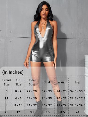 Image of EHSUYAB Sexy Metallic Bodycon Romper, Tie Halter, One Piece Backless Club Outfit