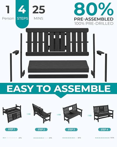 SERWALL Outdoor Bench with Cup Holder, 58\" HDPE Garden Park Bench Suitable for 3 Person, All Weather Patio Benches with High Backrest and Wide Armrests for Garden, Park, Yard, Front Porch, Black - Thumbnail 7