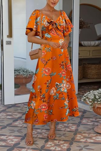 Image of Fashionme Womens Dresses 2026 Maxi Dresses Deep V Neck Elegant Bow Tie Front Cap Sleeve Summer Floral Satin Smocked Dress