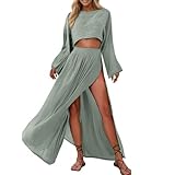 TRCELECTROP Skirt Sets Women 2 Piece Outfits Linen Boho Long Sleeve Crop Tops and High Slit Maxi Skirt Beach...