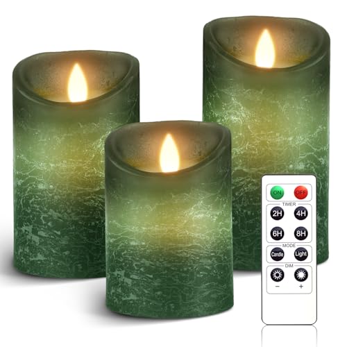 AnnSpa LED Candle 3 Set Battery Operated with 10-Key Remote Control and Cycling 24 Hours Timer, Flameless Real Wax Flickering Moving Wick Flickering Amber Yellow Light Pillar Candles （Green