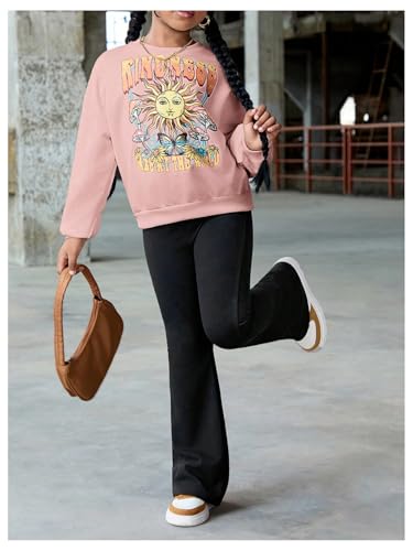 Image of SweatyRocks Girl's 2 Piece Outfits Letter Graphic Long Sleeve Pullover Sweatshirt and Flare Pants Set Pink 10Y