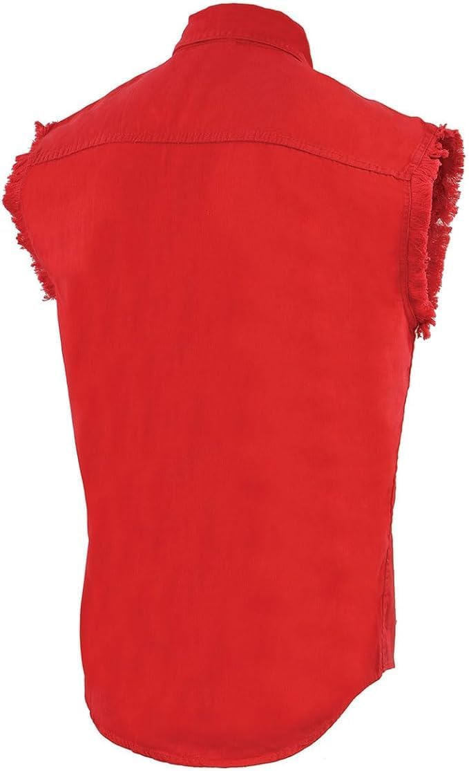 Mens Classic Light Weight Cotton Cut Off Button Down Sleeveless Shirt with Frayed Sleeves Many Colors