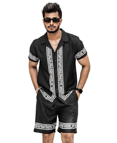 Image of Men's Poly Lycra Digital Printed Shirts with Pajama Shorts Night Suit Set