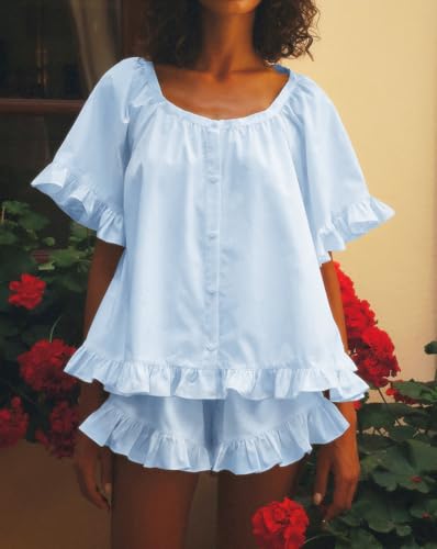 Image of Womens Fashion Summer Short Sets Short Sleeve Button Down Ruffle Trim Top and Shorts Cotton Pajama Sets