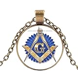 bronze plakette auktion Qualitativ hochwertig Freimaurer-Halskette, Antik-Bronze, mit Kompass und quadratischem G-Symbol, Glaskuppel, Plakette