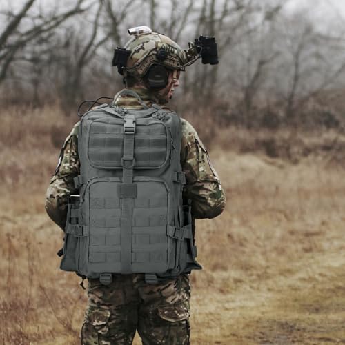 Image of REEBOW GEAR Military Tactical Backpack for Men 3 Day Survival Bag Grey | 40-45L Large Bag, Bottle Holder On the Side, MOLLE, for Outdoor Sports Hunting Hiking, Daypack Bug Out Rucksack Work Bag