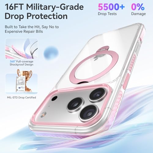 Peerock for iPhone 17 Pro Max Case with 360° Spin Stand, Non-Yellowing Transparent Back, TPU Inner Cushion, Magnetic Mag Safe Compatible, Military Protection, Cute Cover for Girl, Clear/Pink - image 4