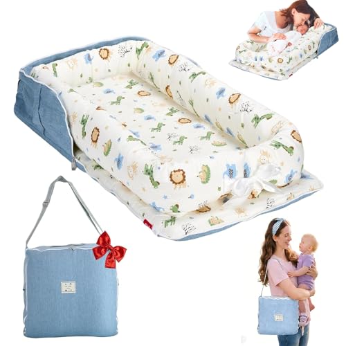 Image of Vervebaby Baby Lounger for Newborn-Portable Baby Lounger 0-24 Months for Home and Travel,Newborn Loungers with Strap, Baby Nest Lounger Adjustable Size,Animal World Blue