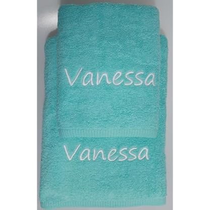 ★ Handtücher Set 2-TLG. - Duschtuch 70x140 + Handtuch 50x100 mit Namen Bestickt ★ Geschenk ★ Badetuch ★ 500 g/m2 ★ 100% Baumwolle ★ SUPER QUALITÄT ★ (2-TLG. - 70x140 cm + 50x100 cm, Aquablau) – Bild 4