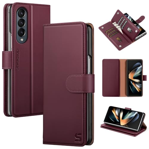 Shieldtop Compatible with Samsung Galaxy Z Fold 4 Wallet Case with Card Holder Women Man RFID Blocking PU Leather Flip Shockproof Protective Cover Credit Card Holder Slots Kickstand Wine Red