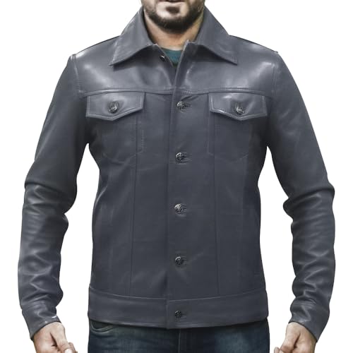 Image of Men's Genuine Leather Trucker Jacket Vintage Motorcycle Black Western Biker Slim Fit Trucker Jacket
