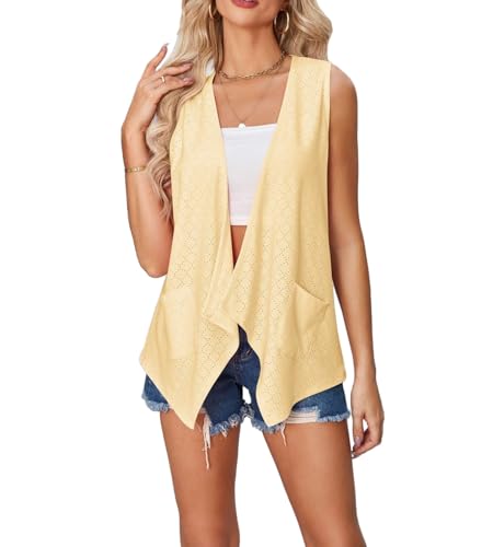 Image of jinghuiyue Women's Lightweight Cardigan Summer Hollow Out Sleeveless Cardigan High Low Hem Draped Open Front Vest with Pocket