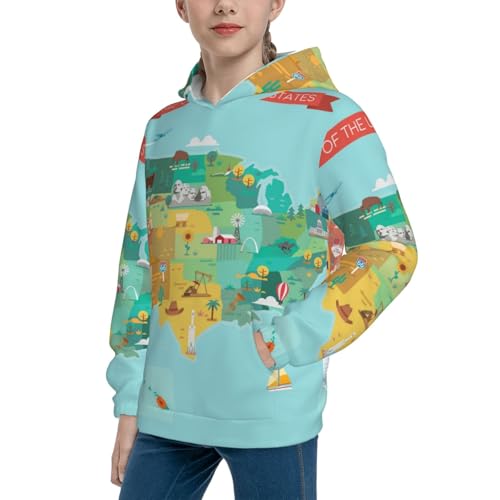 USA Tourist Map With Famous Landmarks Kid Hoodies Boys Sweatshirts Girls Pullover with Pocket2